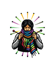 A person knitting a colorful scarf with a bright light burst behind them.