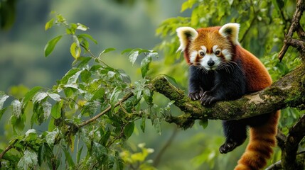 A Himalayan red panda perched on a branch in Darjeeling, its fluffy red fur contrasting against the lush green foliage.