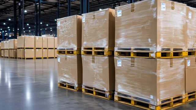 Stacks of shrink-wrapped cardboard boxes on wooden pallets in a spacious warehouse, related to logistics, shipping, and holiday season inventory management