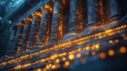 "Illuminated bank building columns with glowing numbers and technological blue background, digital finance concept, modern banking architecture, innovation and security"