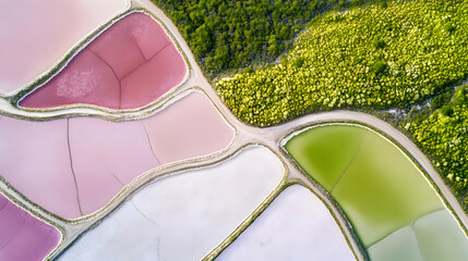 The drone captures a marshland that transitions into geometric salt flats, where evaporation ponds create a pattern of squares and rectangles in various shades of pink, white, and green