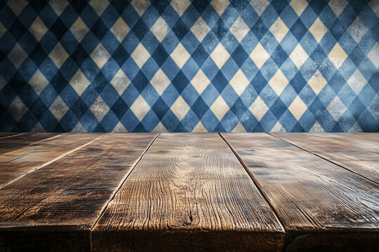 an empty wooden rustic platform for product advertising with blue diamond patten background for the oktoberfest munich