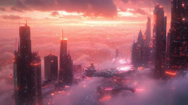 Futuristic cityscape with towering skyscrapers bathed in vibrant pink and orange clouds