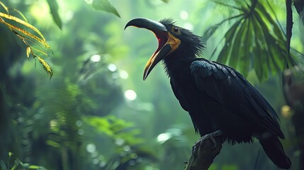 Fototapeta premium A Hornbill calling out to its mate, its loud call echoing through the rainforest.