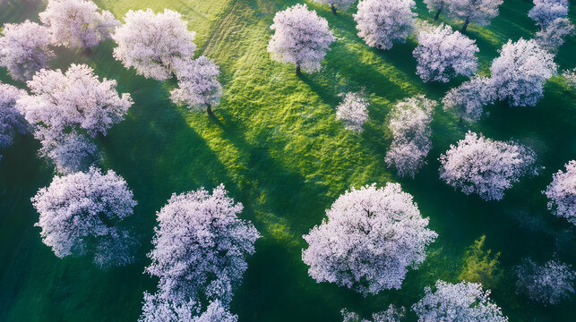 The drone captures a valley in full spring bloom, where cherry blossom trees are scattered across the landscape.