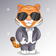 Naklejka premium Cute cartoon tiger in a suit and black glasses. Vector illustration of an animal on a gray background with stars.