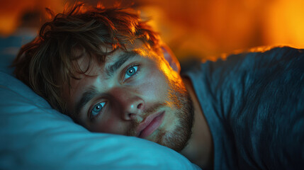 Close-up of a man lying in bed with a thoughtful, introspective expression. Soft evening light highlighting his face as he reflects, feeling emotionally distant.