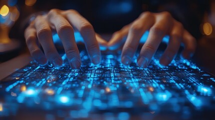 Hands typing on a futuristic keyboard with glowing blue lights, representing coding, programming, and cybersecurity in a digital environment.