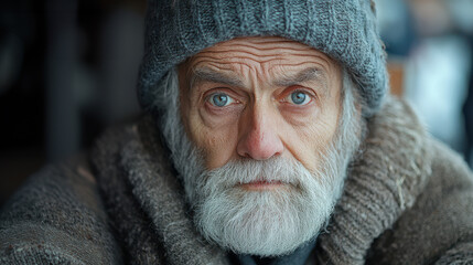 Closeup portrait of a sad homeless man with deep blue eyes, wearing warm clothes, and showing emotions of hardship and survival. Human story, poverty, compassion, elderly