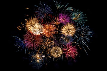 Fototapeta premium Fireworks on the dark sky background. Colorful fireworks from Loto Quebec in Quebec, Canada. Abstract colored firework background with free space for text. fireworks light up the night sky , ai