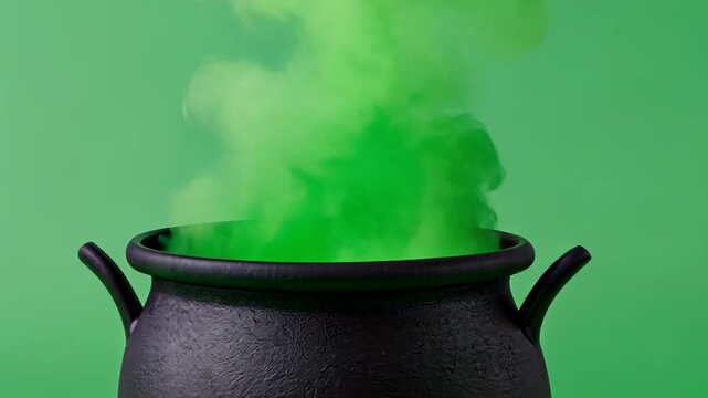 A bubbling black cauldron emitting green smoke against a green background, symbolizing Halloween and witchcraft themes