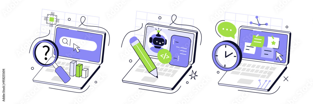 Poster ai technology concept set. collection of artificial intelligence automation tools for search, task m