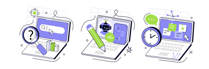 AI technology concept set. Collection of artificial intelligence automation tools for search, task management, coding, analysis. Vector illustration.