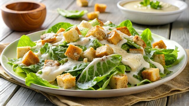 Caesar salad on a white plate suitable for  food blogs, menu designs, culinary presentations showcasing gourmet and healthy eating concepts in restaurant marketing and nutrition-focused content