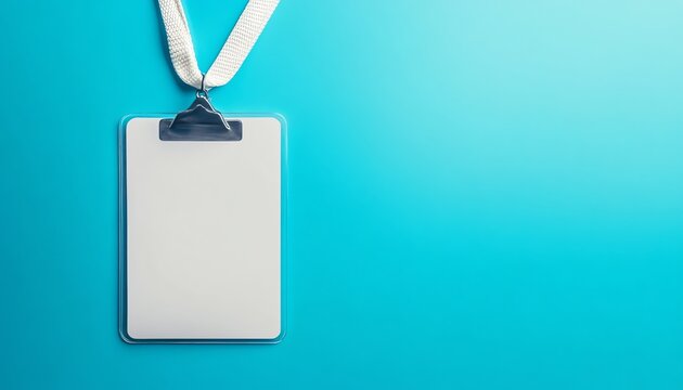 Blank White ID Badge with Lanyard on Blue Background