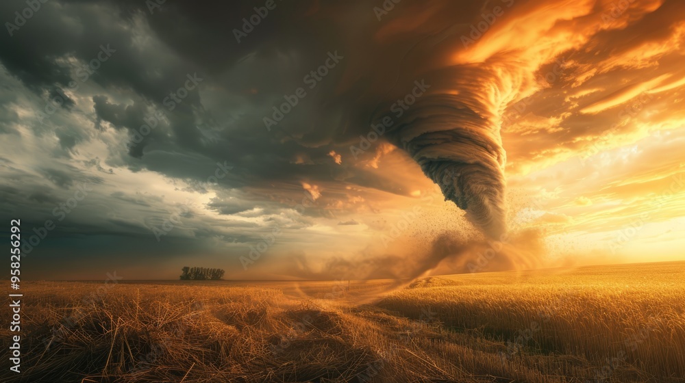 Poster a tornado is blowing through a field of tall grass