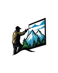 A person painting a mural of a mountain landscape.