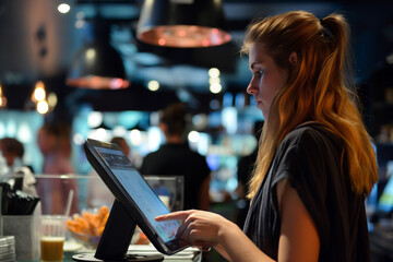 Waitress taking an order on a digital tablet, interacting with customers in a modern, tech-savvy restaurant.