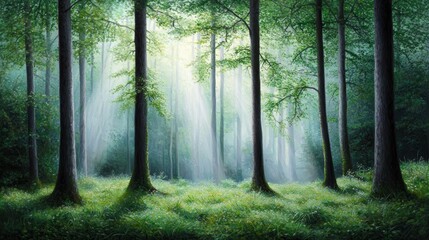 Naklejka premium A tranquil forest scene with sunlight filtering through tall trees, illuminating the natural beauty of the woodland floor.
