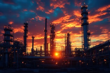 aweinspiring industrial landscape intricate network of pipelines and racks silhouetted against a fiery sunset sky merging industry with natural beauty