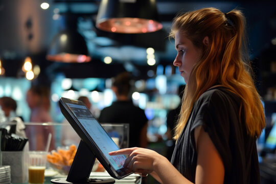 Waitress taking an order on a digital tablet, interacting with customers in a modern, tech-savvy restaurant.