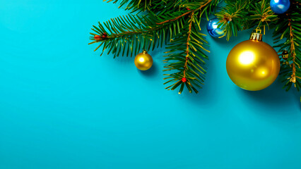 happy new year with a green fir tree decorated with yellow and blue balls with space for text on a light golden background