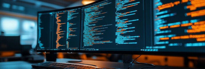 Computer Programming Code Displayed On Multiple Monitors At Night. Blurred Technological Background