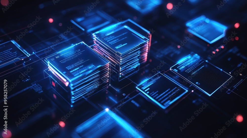 Poster abstract network grid with files and folders, futuristic software interface, digital document manage