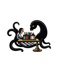 A person plays chess with a giant octopus, both seated at a table with a chessboard.