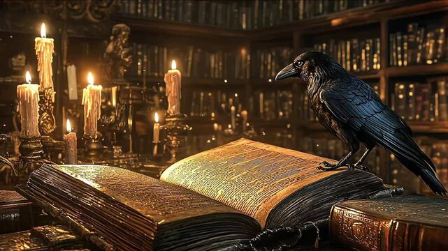 Close-up of a wizard's grimoire book open to ancient incantations, with a crow perched nearby, in a shadowy library filled with arcane knowledge and flickering candles
