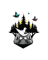 A person meditating with a dove flying above them in a forest setting.