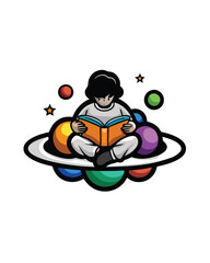 A person sitting on a cloud reading a book, surrounded by planets and stars.