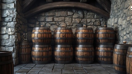 A rustic interior featuring wooden barrels stacked against a stone wall, evoking an old-world charm and craftsmanship.