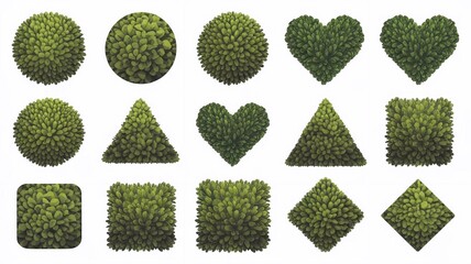 Group of vector graphics of green bushes in various shapes. imitate nature, cut out