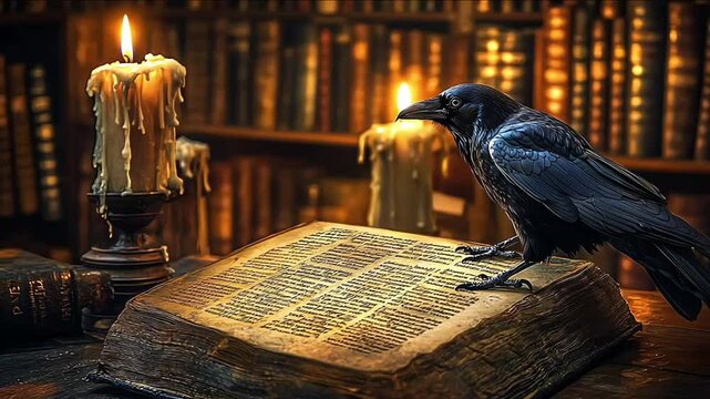 Close-up of a wizard's grimoire book open to ancient incantations, with a crow perched nearby, in a shadowy library filled with arcane knowledge and flickering candles
