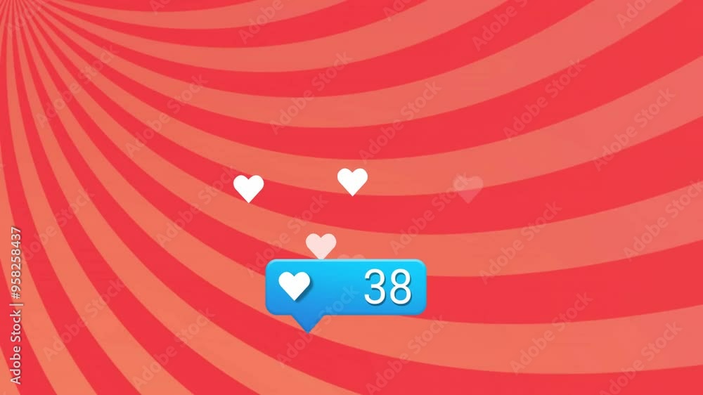 Poster floating hearts and notification animation over red spiral background