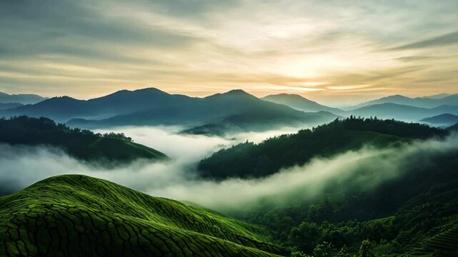 A serene sunrise over misty tea plantations in the Cameron Highlands, Malaysia, ideal for Earth Day, nature retreats, and eco-tourism promotional material