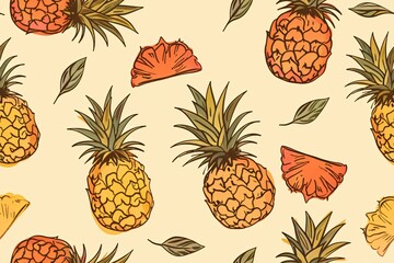 Colorful Hand-Drawn Pineapples and Leaves on a Light Beige Background Illustration