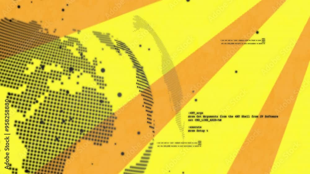 Poster world map and coding text animation over yellow and orange background