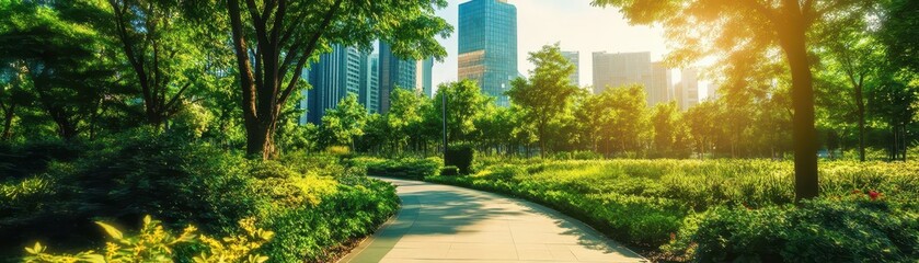 Sustainable business model presentation, copy space, corporate eco-strategies, vibrant, overlay, urban park backdrop