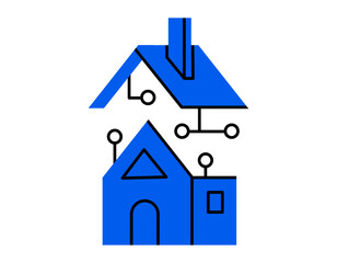 Hand drawn cute cartoon illustration of smart house. Flat vector smart home technology with PCB trace and separate roof sticker in doodle style. Remote automatic control computer icon. Isolated.
