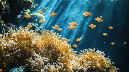 Obraz premium A school of small reef fish swimming near a lush cluster of Flower Pot Coral (Goniopora sp.), their colorful polyps creating a soft, waving effect