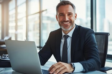 Smiling Businessman Working on Laptop in Modern Office Environment, Business Success Concept