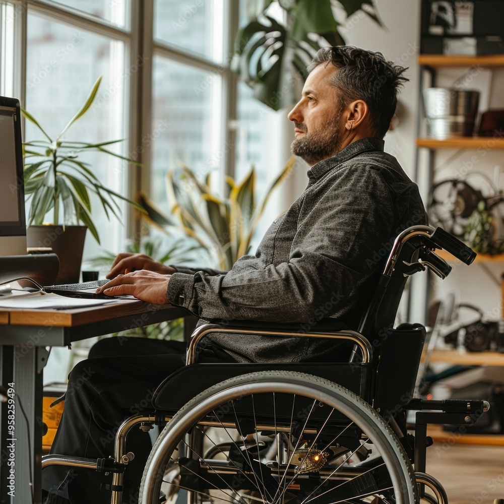 Poster A man in a wheelchair is sitting at a desk with a computer