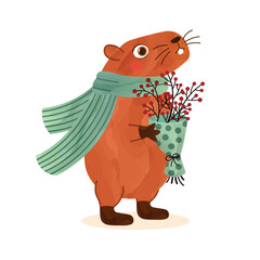 Fun lovely fall capybara in blue scarf and bouquet with mountain ash, rowan, rowanberries, botany in watercolor style. Autumn character or mascot. Vector illustration isolated on white background.