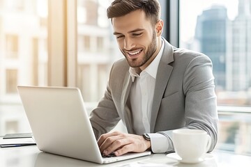 Successful Businessman Working on Laptop in Modern Office, Business and Technology Concept