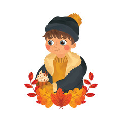 Cute dark haired autumn guy in jacket and hat with coffee mug and botanical elements in watercolor style. Autumn cozy character or mascot. Vector illustration isolated on white background.