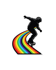 A silhouette of a skateboarder riding down a rainbow path.
