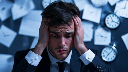 A stressed Caucasian businessman holds his head in frustration against a backdrop of clocks and paperwork, symbolizing time management challenges and work stress