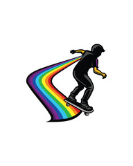 Obraz premium A person skateboarding on a path made of a rainbow, with a white background.